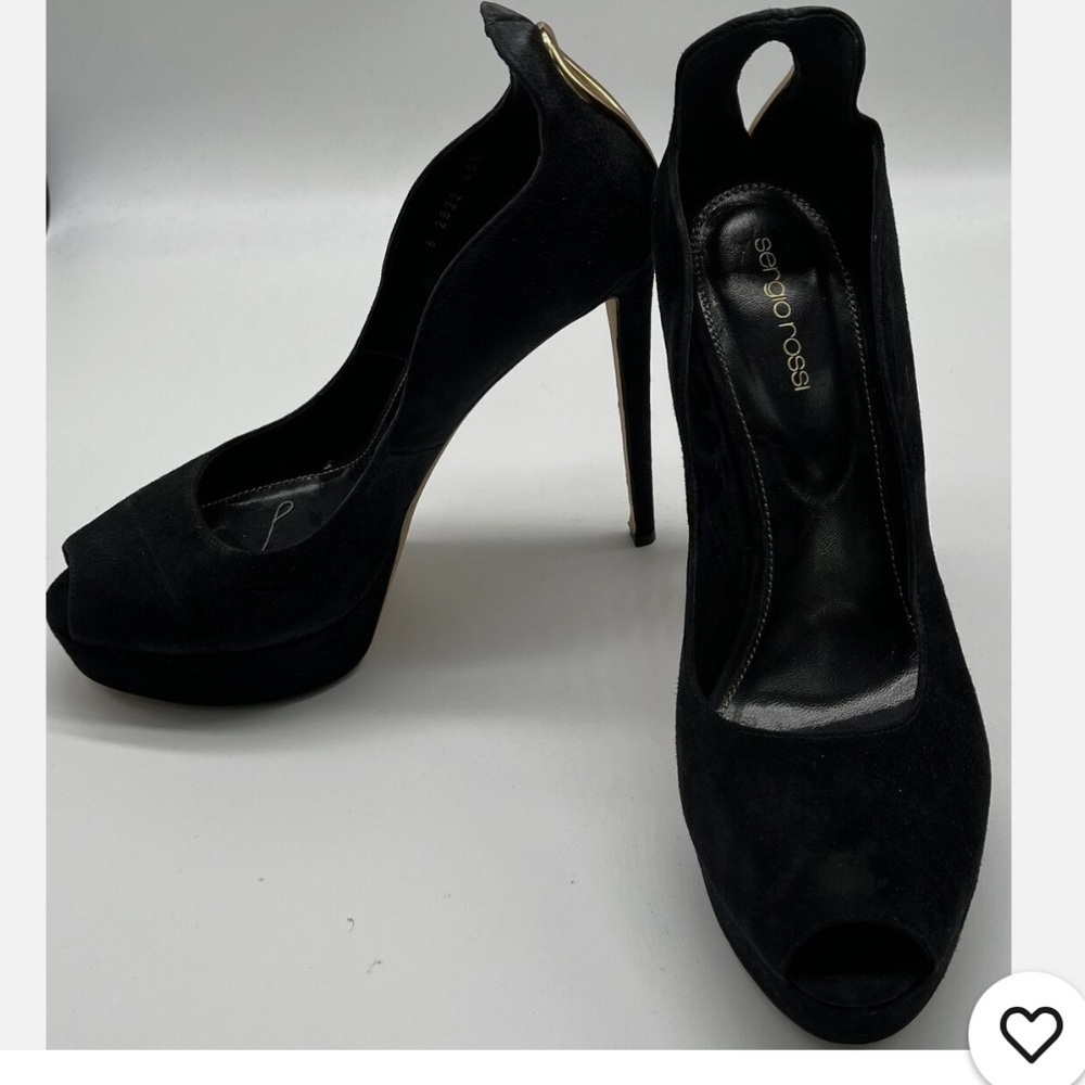 Sergio Rossi Black Suede Platform Peep Toe Pump w/ Gold Heel Cut-Out